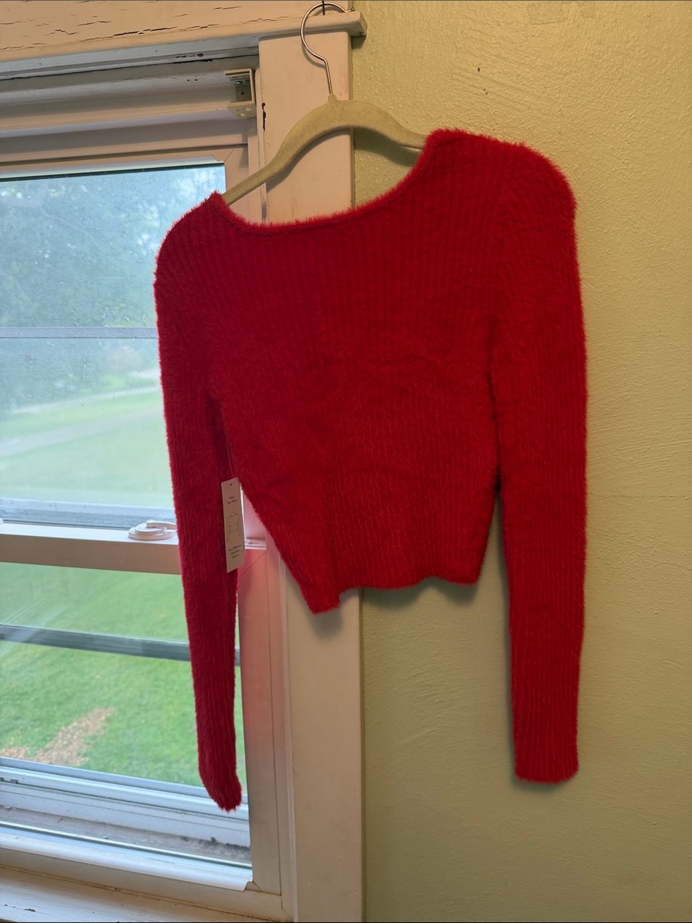 No Boundaries Bright Red Fuzzy Cropped Scoop Neck Sweater
